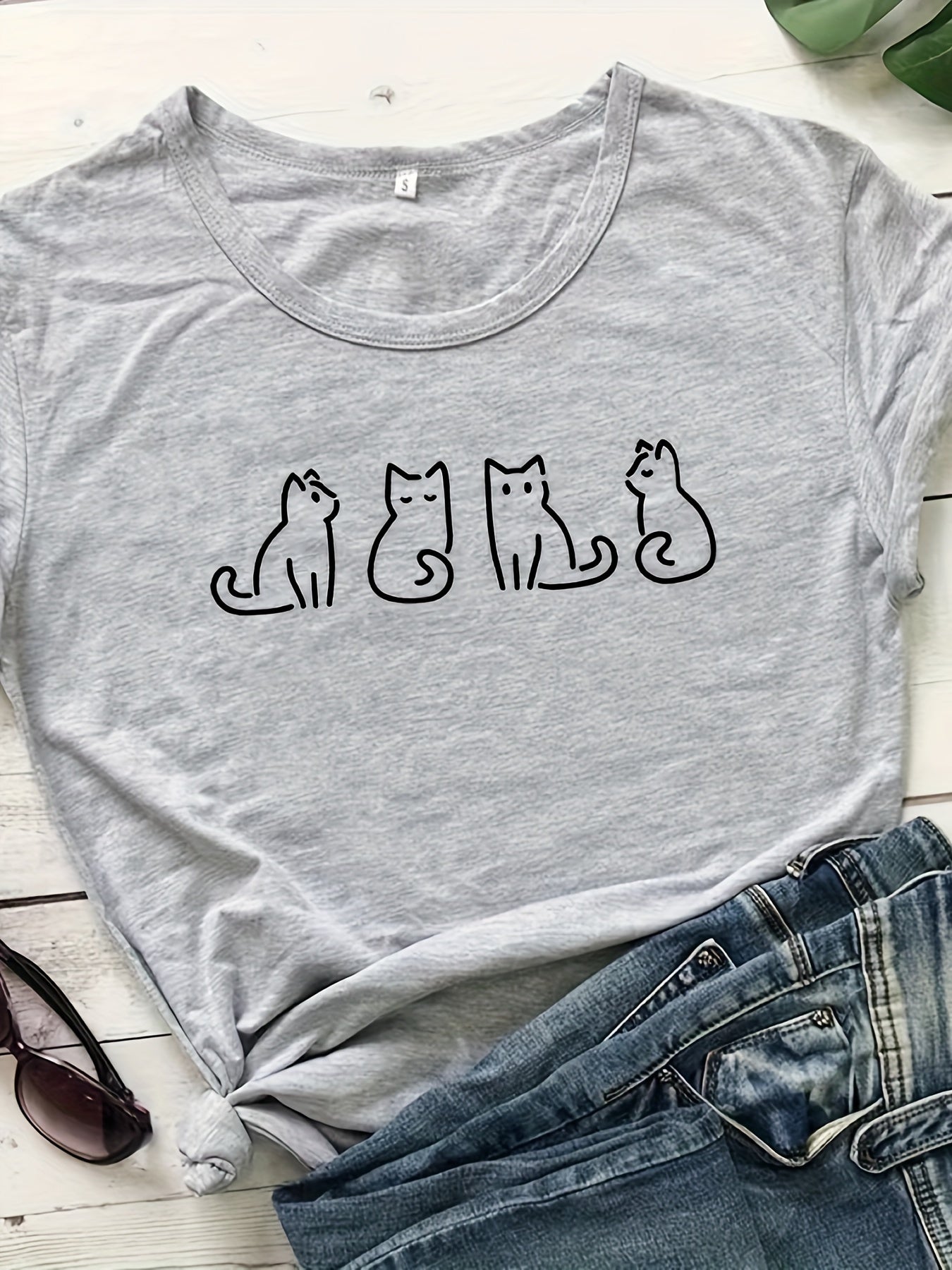 Cat Graphic Short Sleeve Top Round Neck Sports Running T shirt Women's Clothing