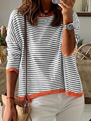 Striped Print Knit Sweater Crew Neck Drop Shoulder Sweater