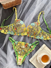 Floral Embroidery Lingerie Set Mesh Unlined Bra & Sheer Panties