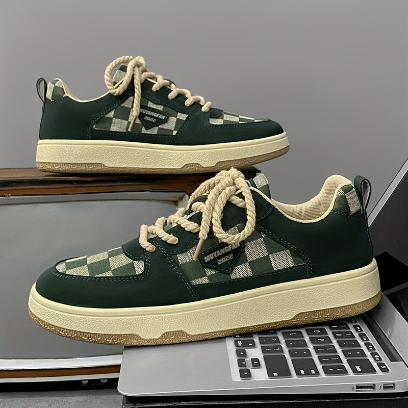 Men's Checkered Pattern Lace-up Skate Shoes Good Grip Breathable