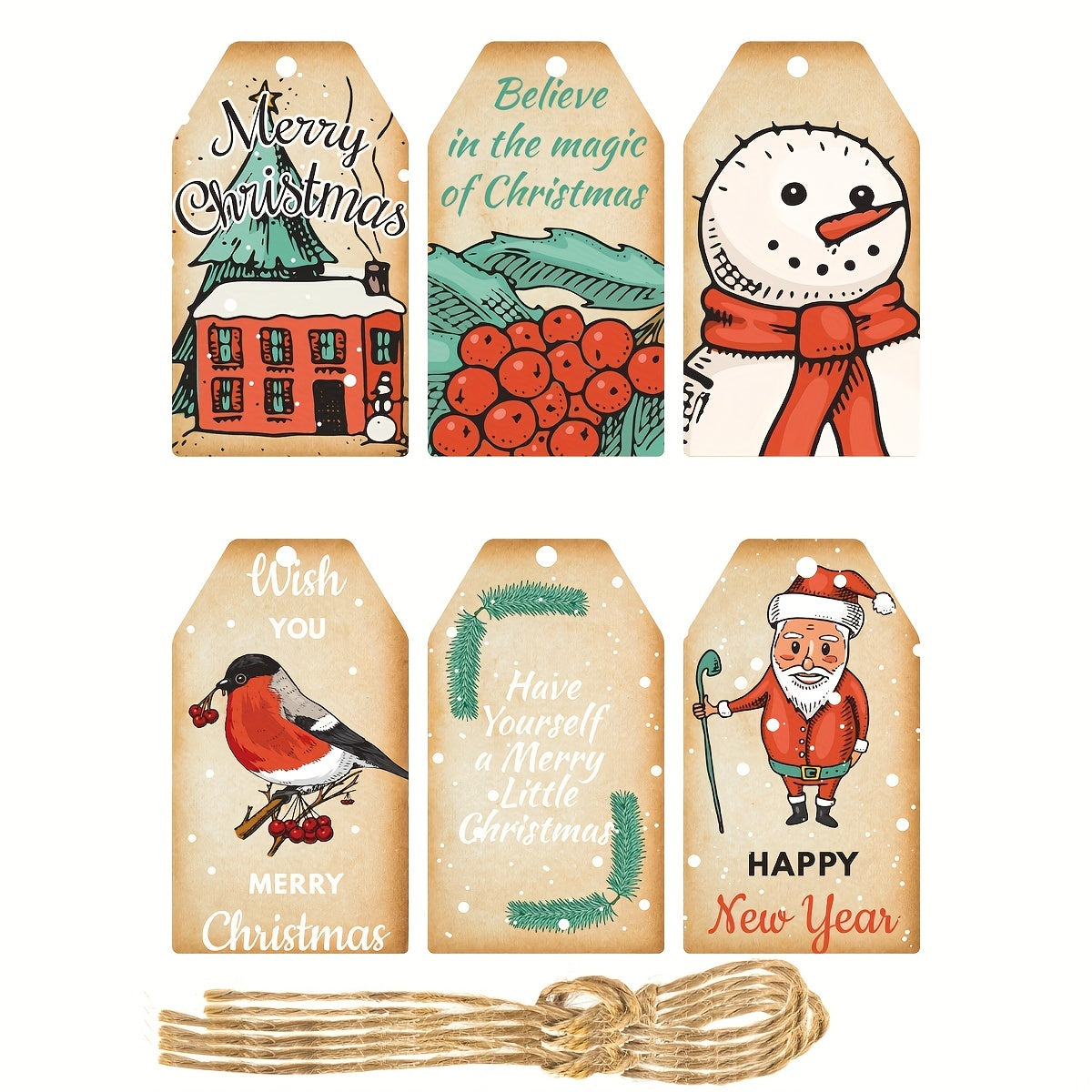 60pcs Christmas Bookmarks & Hanging Tags, 6 Styles, 10pcs Each, 60 Hemp Ropes