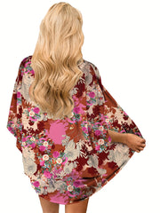 Floral Print Kimono Cover Up V Neck Soft Beachwear Women's Swimwear