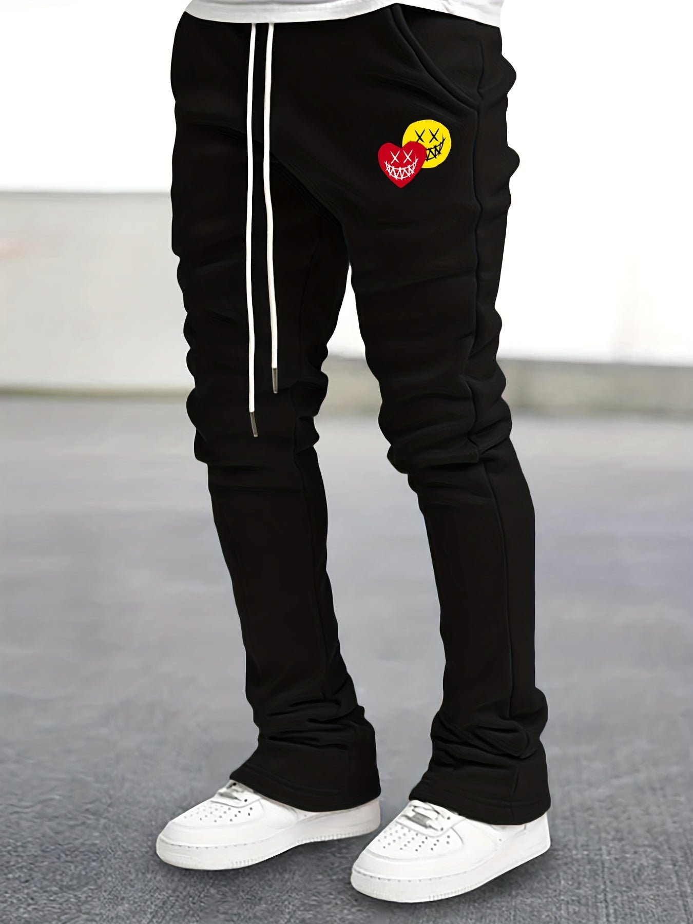 Men's Drawstring Bell Bottom Pants Smile & Heart Pattern