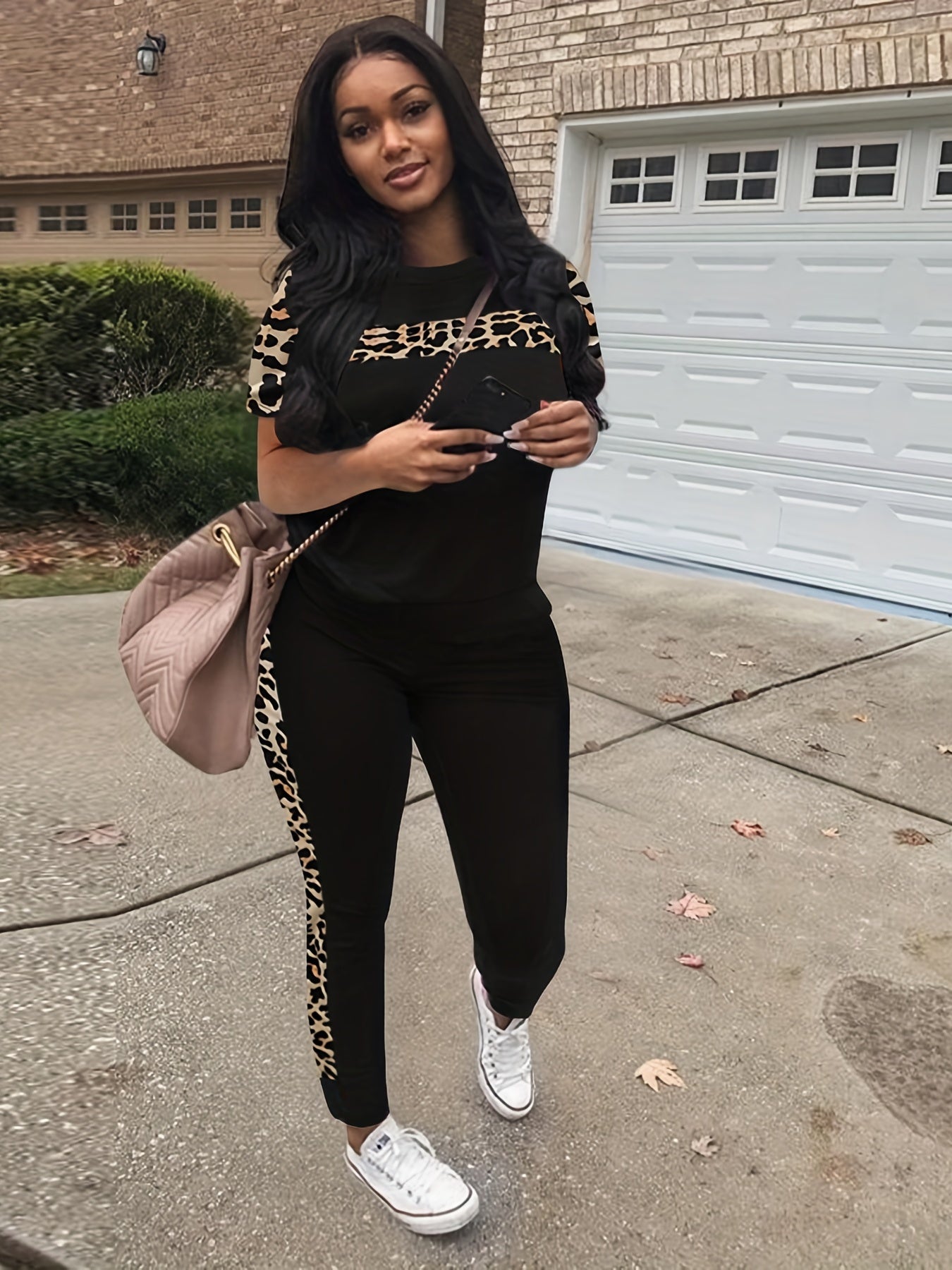 Leopard Print 2pc Set Crew Neck Tee & High Waist Pants