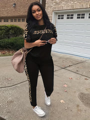 Leopard Print 2pc Set Crew Neck Tee & High Waist Pants