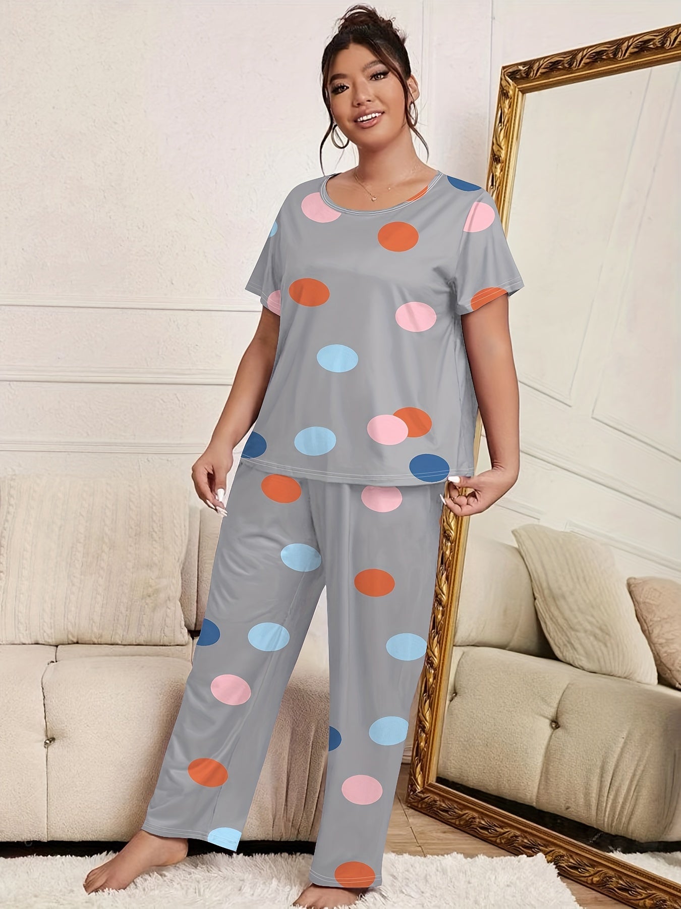 Polka Dot Pajama Set Short Sleeve Tee & Pants Lounge 2 Piece