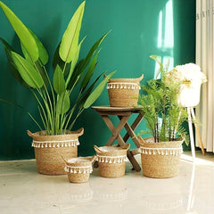 Tassel Style Woven Straw Storage Basket Flower Basket