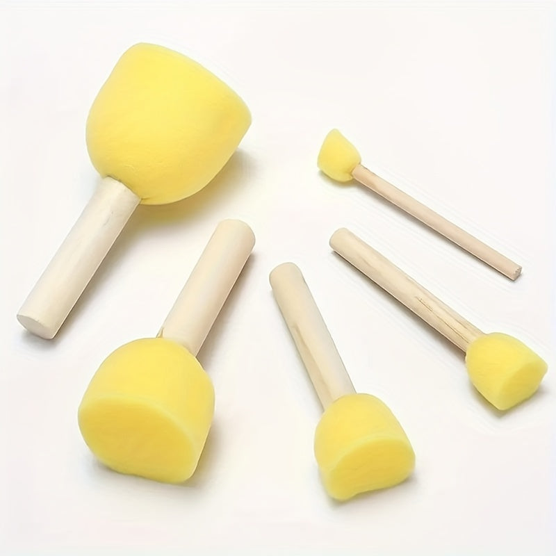 5pcs Round Painting Sponge Set with Wooden Handle - DIY Graffiti Stamp Tool