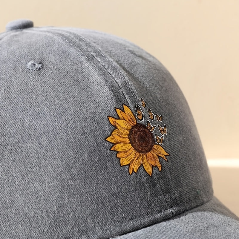 Sunflower Butterfly Washed Baseball Cap Casual Style Unisex Hat Women Girls