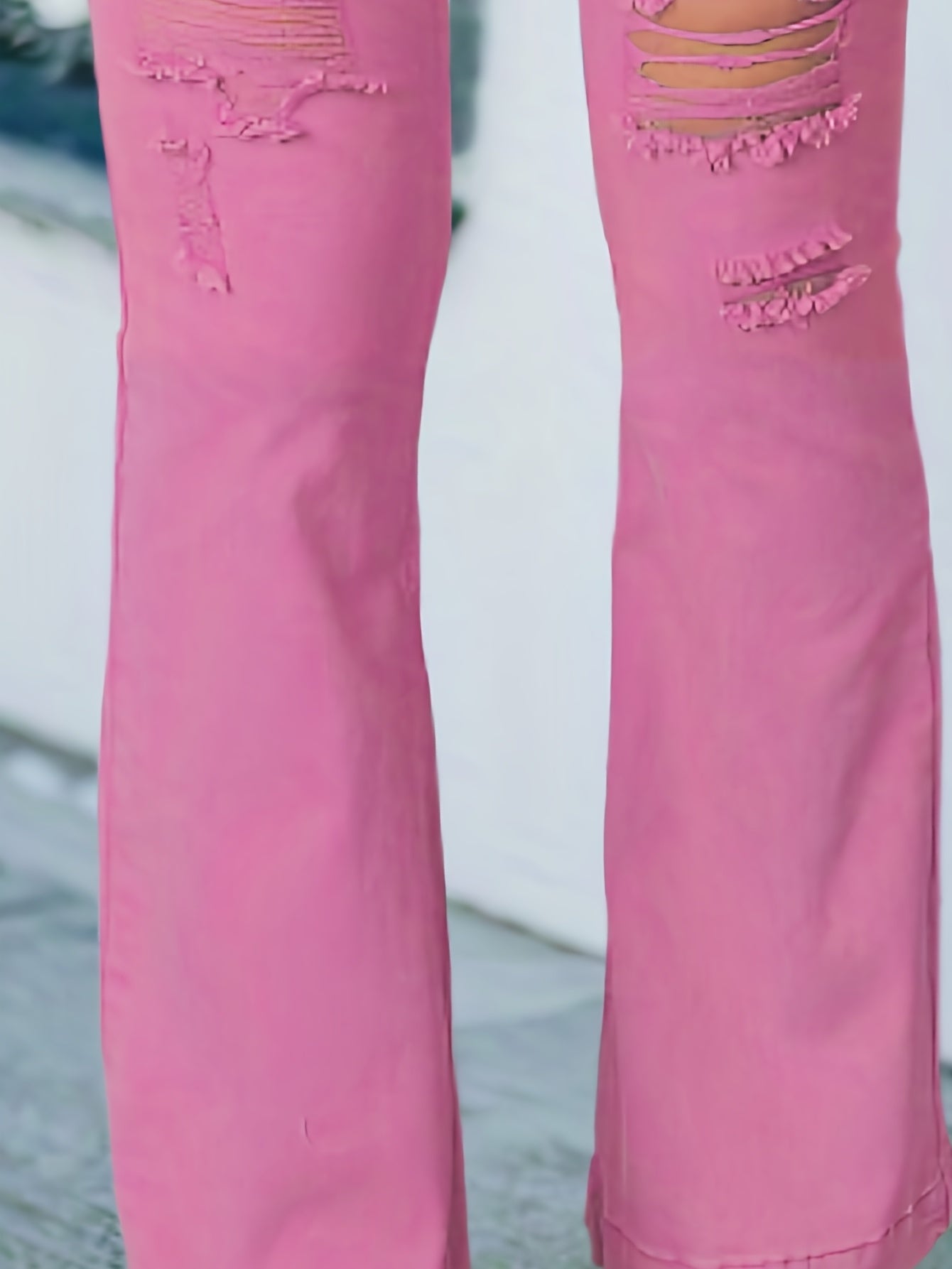 Ripped Flare Leg Jeans High Rise Button Fly Solid Stretch Denim Pants