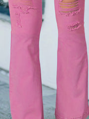 Ripped Flare Leg Jeans High Rise Button Fly Solid Stretch Denim Pants