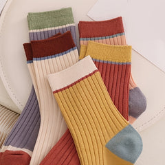 5pairs Colorblock Ribbed Cotton Blend Mid Tube Socks