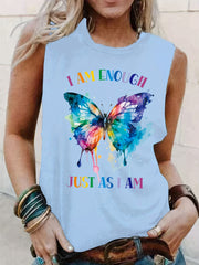 Butterfly Print Tank Top Sleeveless Crew Neck Casual Top