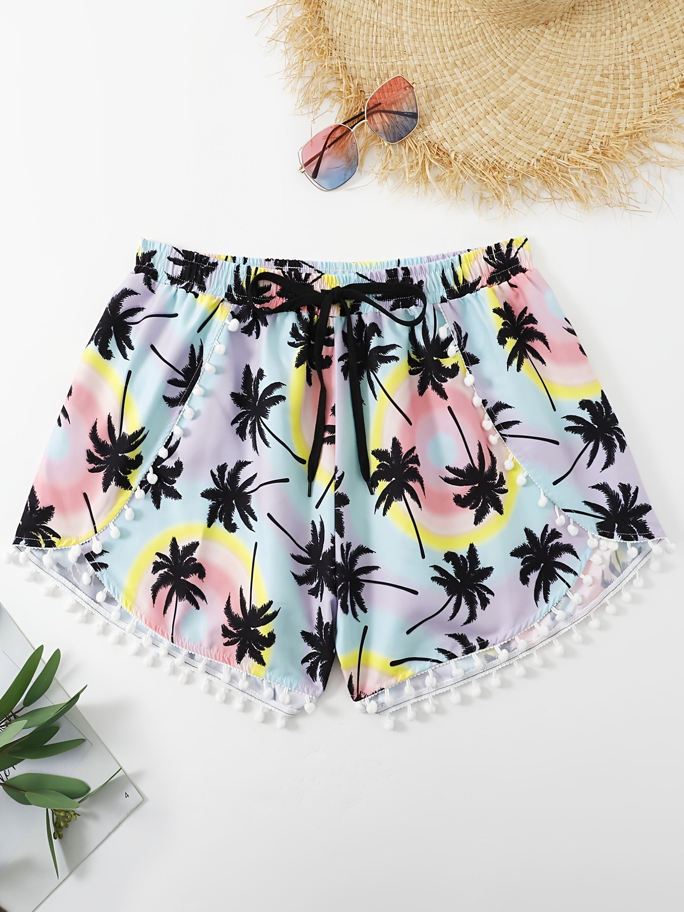 Vacay Shorts Women's Plus Pompom Trim Tree Print Drawstring Shorts