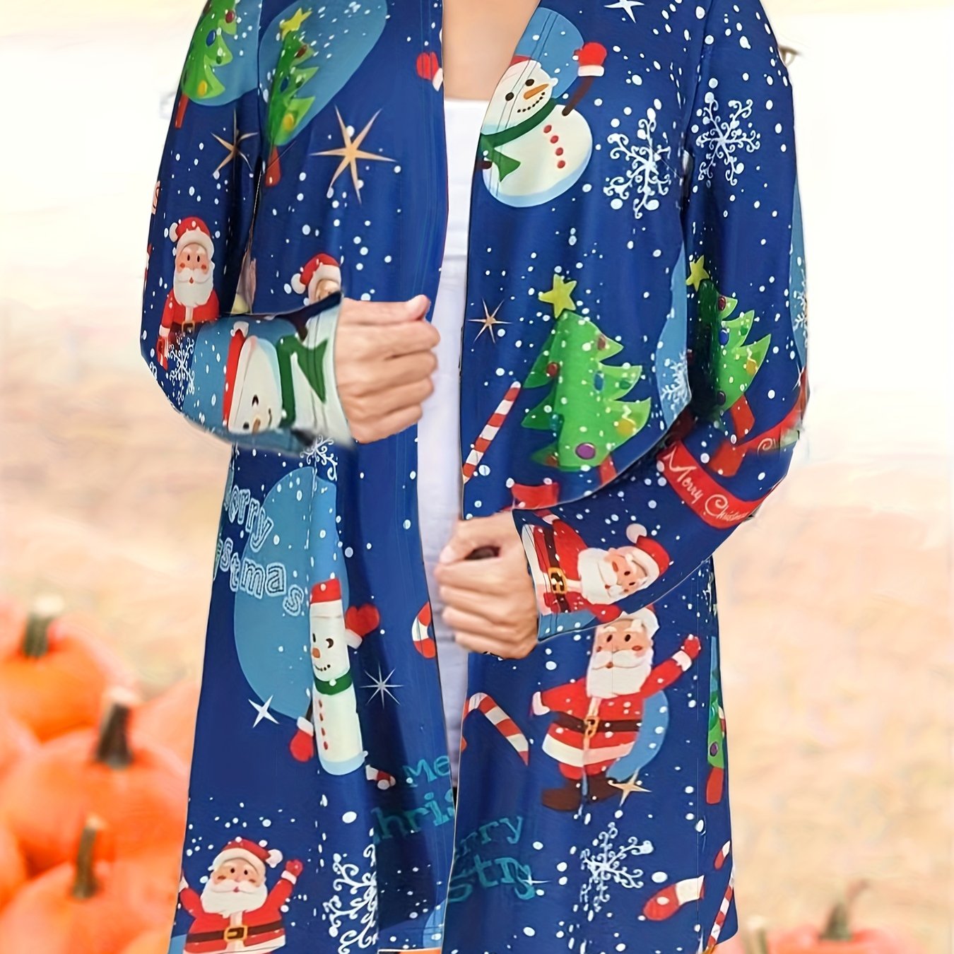 Christmas Cardigan Women's Plus Christmas Tree & Santa Claus Print