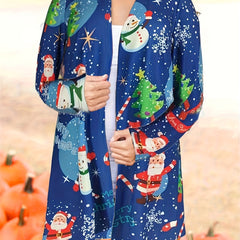 Christmas Cardigan Women's Plus Christmas Tree & Santa Claus Print