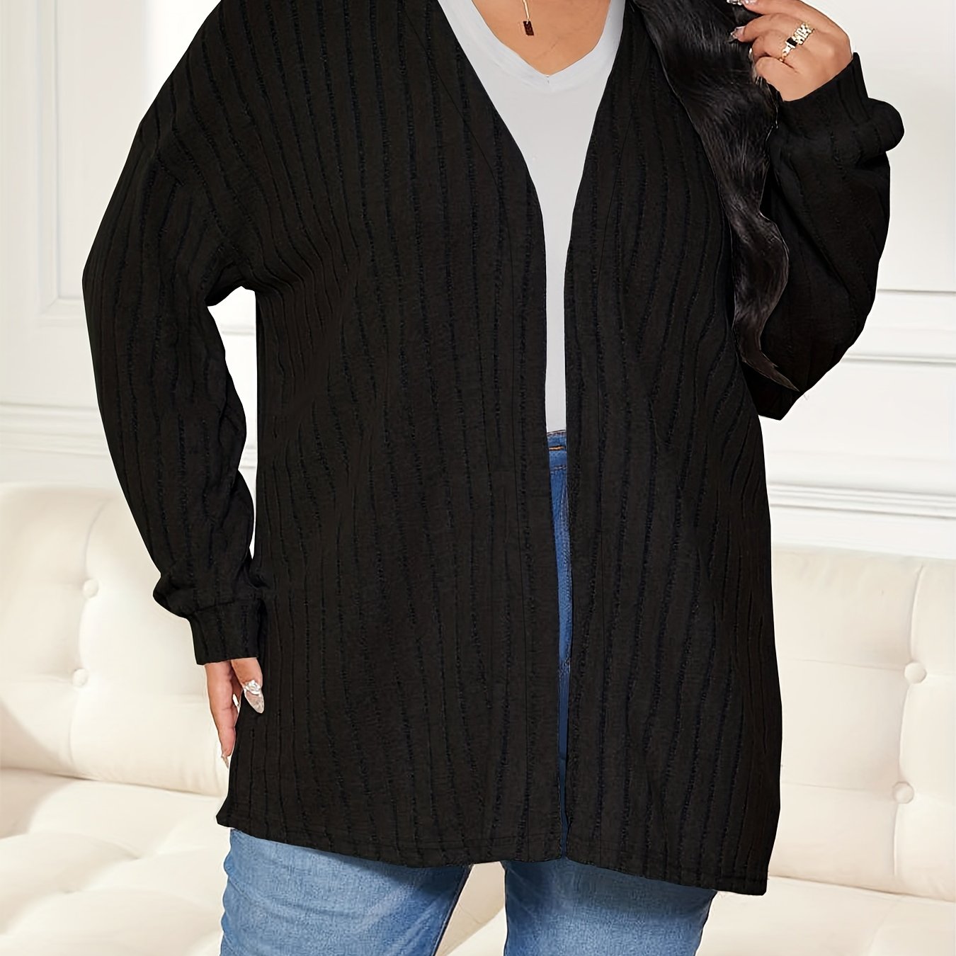 Solid Ribbed Long Sleeve Open Front Cardigan