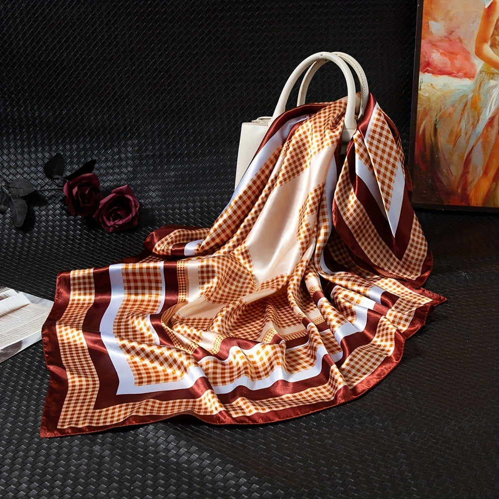 Plaid Satin Square Scarf Classic Shawl Printed Hijab Silk Bandana