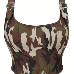 Camo Print Corset Top Sexy Squared Neck Sleeveless Top