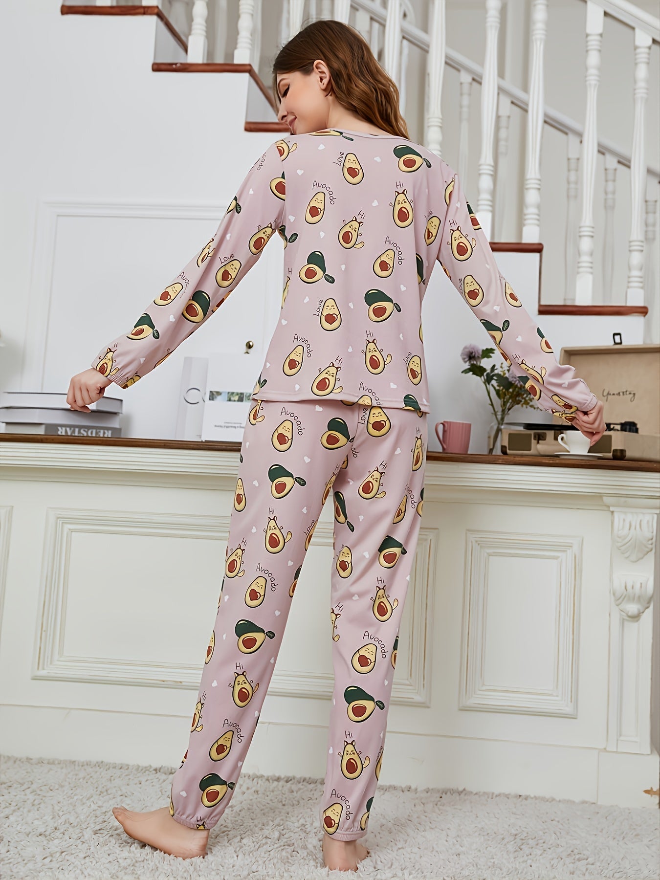 Avocado Print Pajama Set Long Sleeve Top & Pants Women's Sleepwear