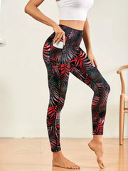 Leaf Print Casual Yoga Pants High Stretch With Side Pocket