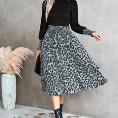Leopard Print Set Crew Neck Lantern Long Sleeve T shirt & Belted Midi