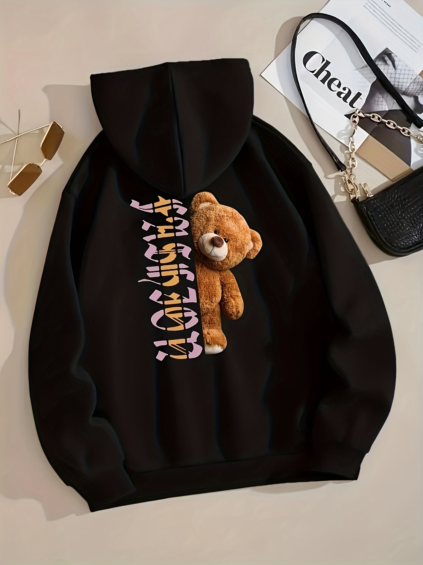 Teddy Bear Print Zip Up Hoodie for Women