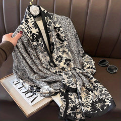Vintage Floral Print Large Scarf Boho Satin Shawl Silk Windproof Head Wrap