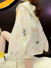 Abstract Print Loose Hooded Jacket Zip Up Sleeve Outerwear