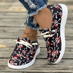 Women's Skull Pattern Lace-up Canvas Shoes Low Sporty Flats Lightweight