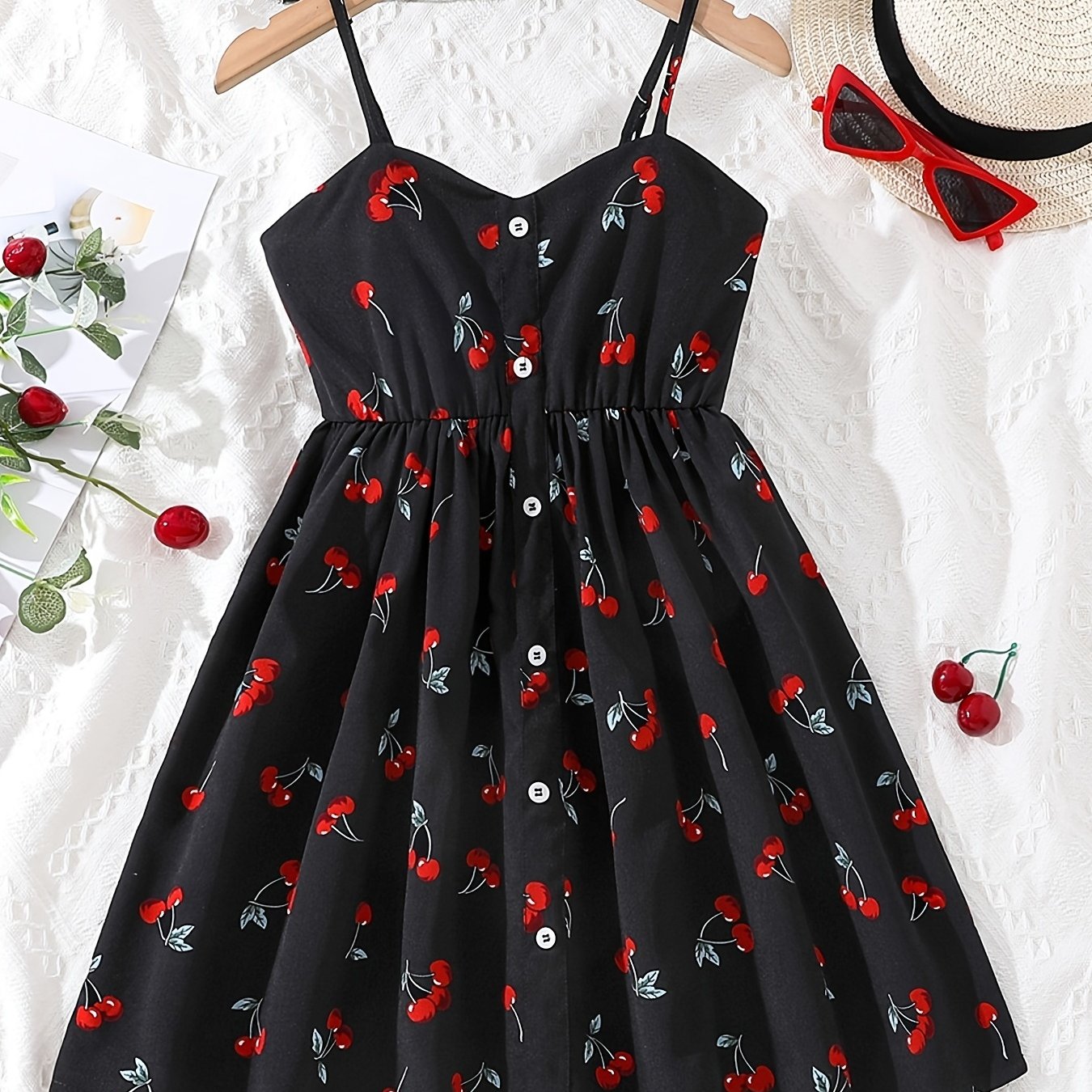 Girls Cherry Graphic Button Cami Princess Dress