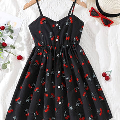 Girls Cherry Graphic Button Cami Princess Dress