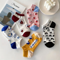 5 Pairs Cartoon Print Socks College Style Ankle Socks Women's Stockings