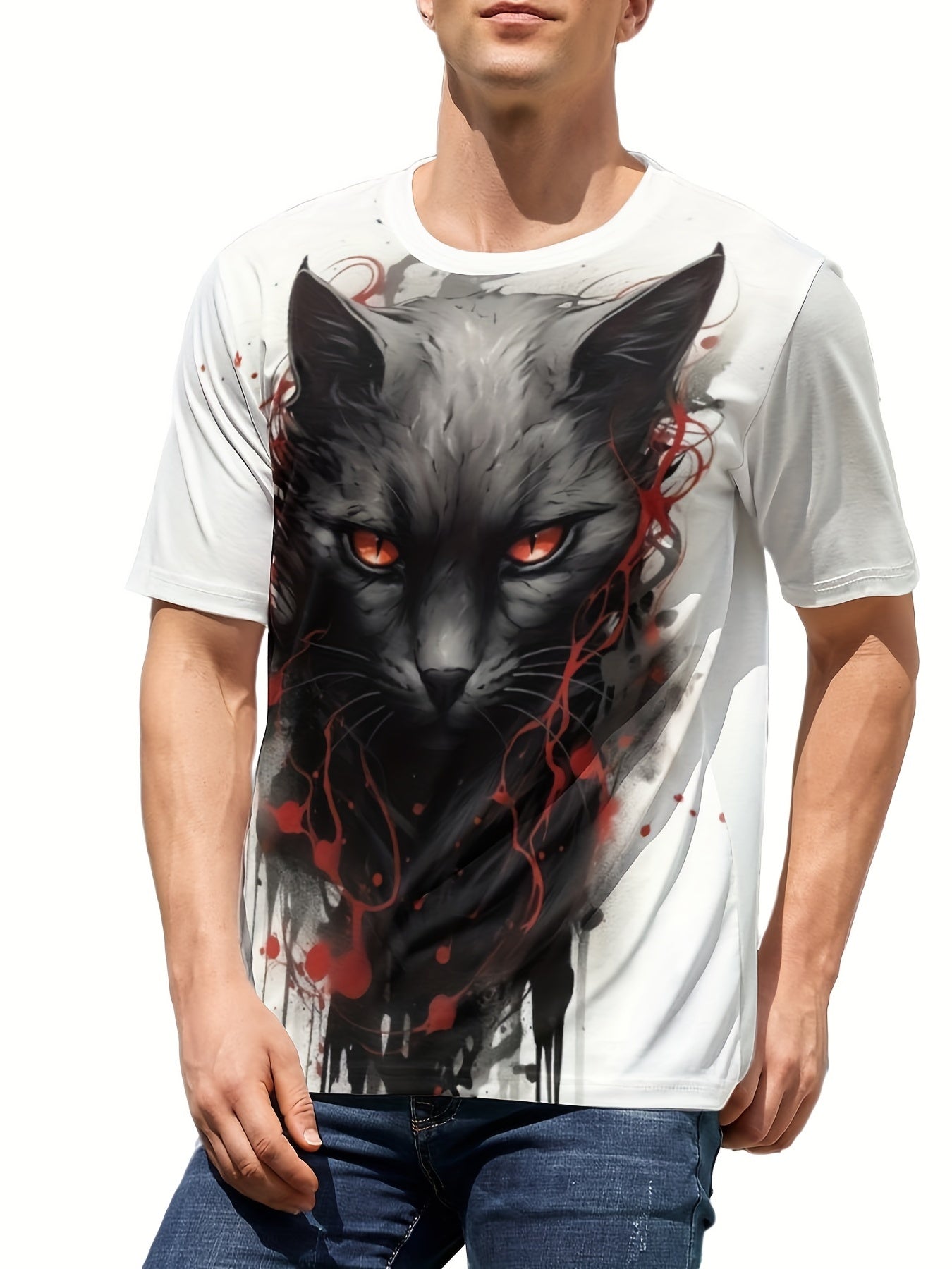 Men's Cat Print T-shirt Comfy Stretch Crew Neck Tee