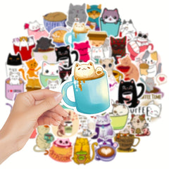 50pcs Cat Coffee Series Doodle Stickers Waterproof DIY Decorative Stick