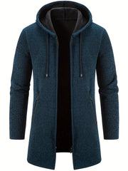Men's Mid-Length Hooded Fleece Coat - Solid Zip-Up Cardigan