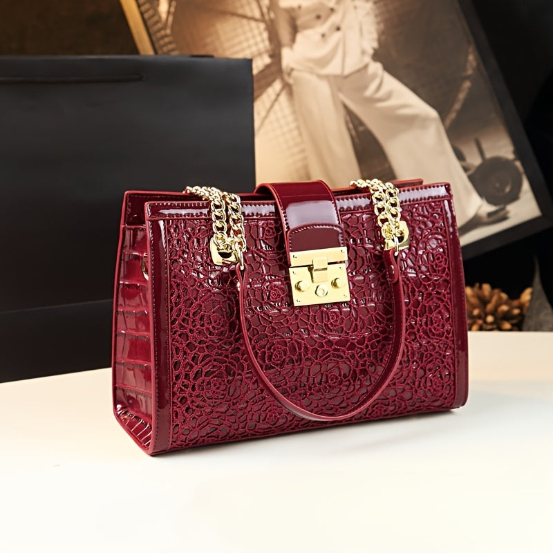 Red Crocodile Pattern Tote Bag for Women with Adjustable Strap