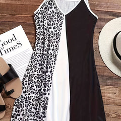 Leopard Stitching Slip Lounge Dresses V Neck Colorblock Home Dress
