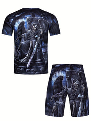 Men's Skull Pattern T shirt & Shorts Set for Fitness