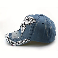 Rhinestone Butterfly Patch Baseball Cap Y2K Washed Distressed Sun Hat