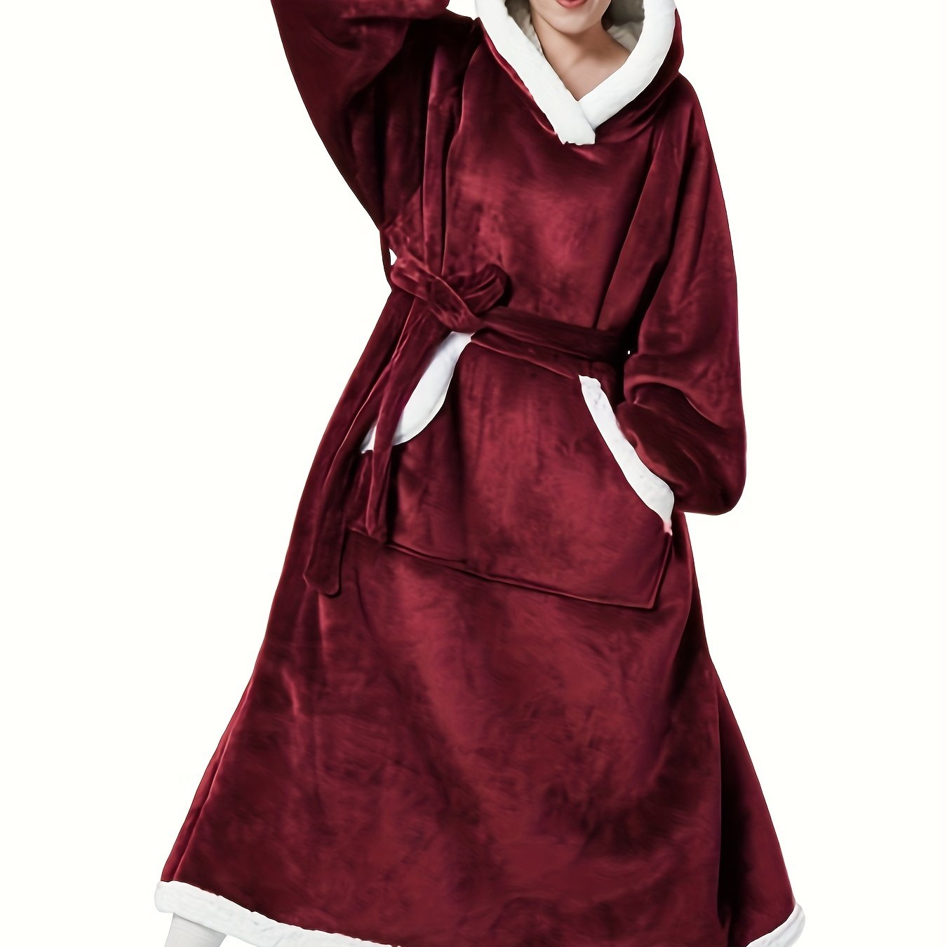Christmas Flannel Hooded Robe Women's Long Sleeve Soft Blanket