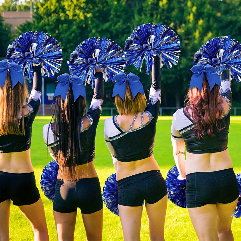 Cheerleader Pom Poms & Hair Bow Set w/ Baton Handle for Dance & Cheering