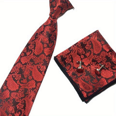 3pcs set Necktie For Men Red Tie British Style Paisley Pocket Square