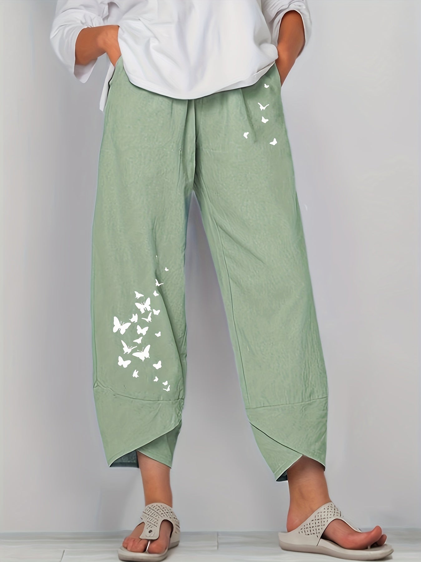 Butterfly Print Cropped Pants Women's Clothing