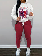 Women's Plus Lip & Letter Print Hoodie & Joggers Set
