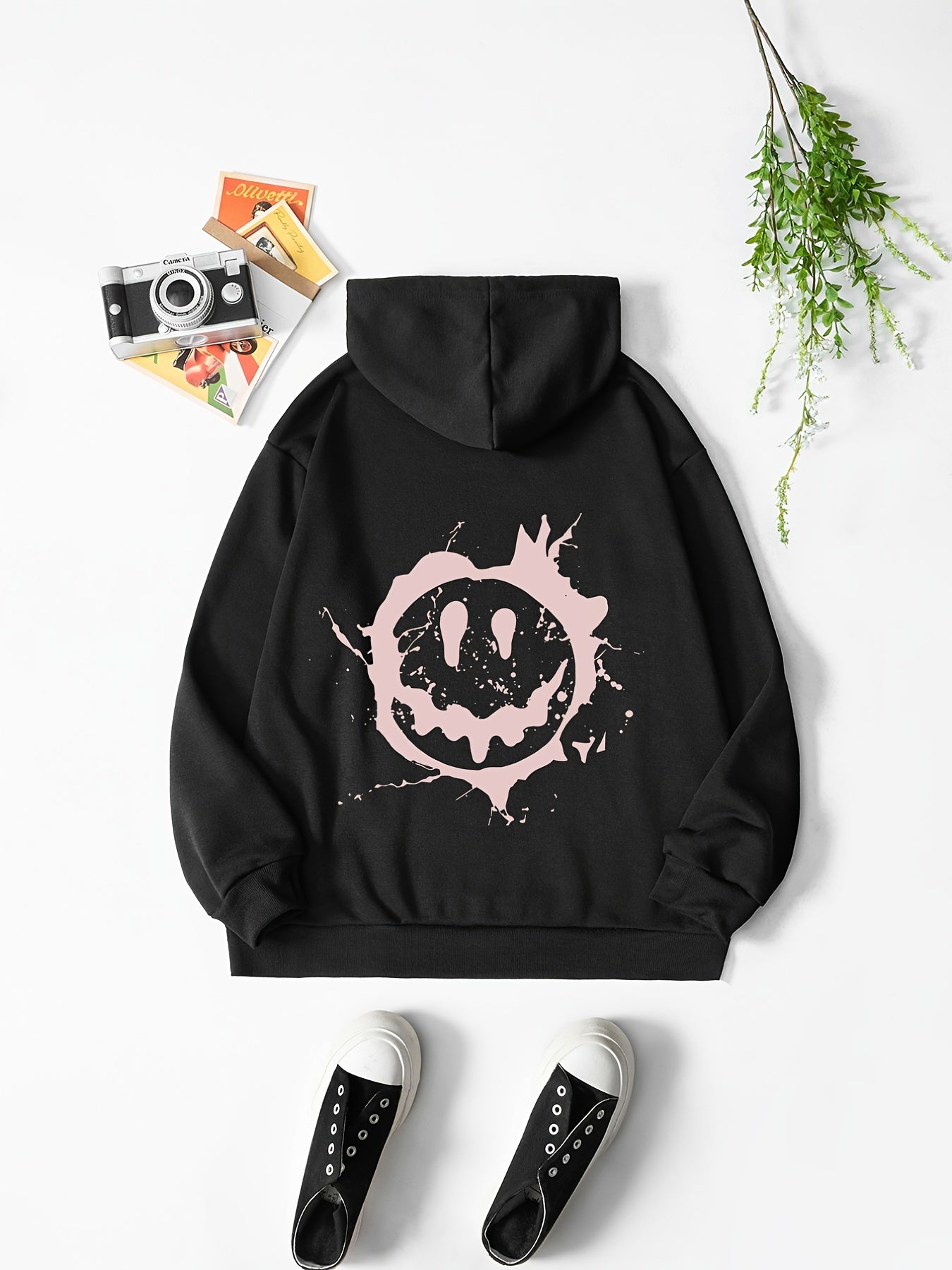 Smiling Face Print Hooded Sweater Loose Casual Pullover Top