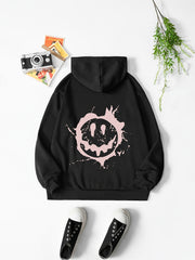 Smiling Face Print Hooded Sweater Loose Casual Pullover Top