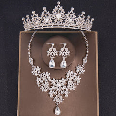 Baroque Silver Crystal Bridal Jewelry Sets Tiara Crown Earrings Necklace Set