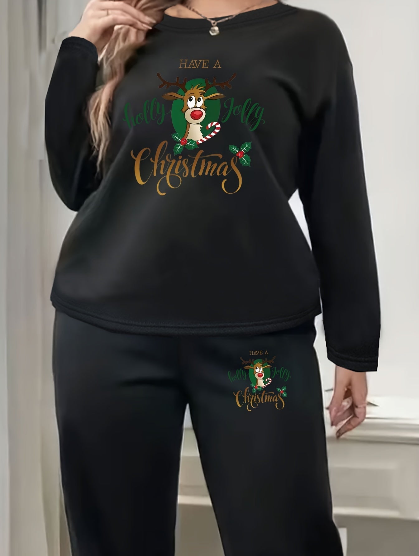 Christmas 2pc Set Women's Plus Slogan & Elk Print