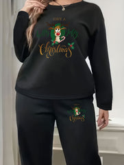 Christmas 2pc Set Women's Plus Slogan & Elk Print